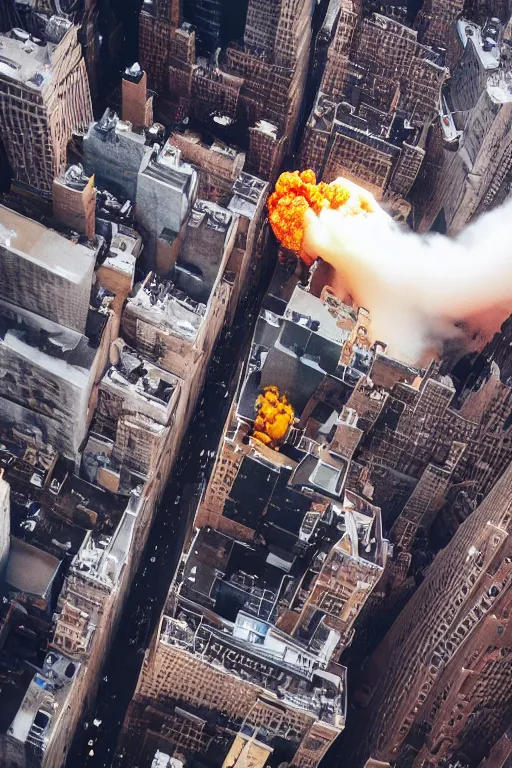 Prompt: !dream a man jumping from a building exploding in New York, explosion aerial view