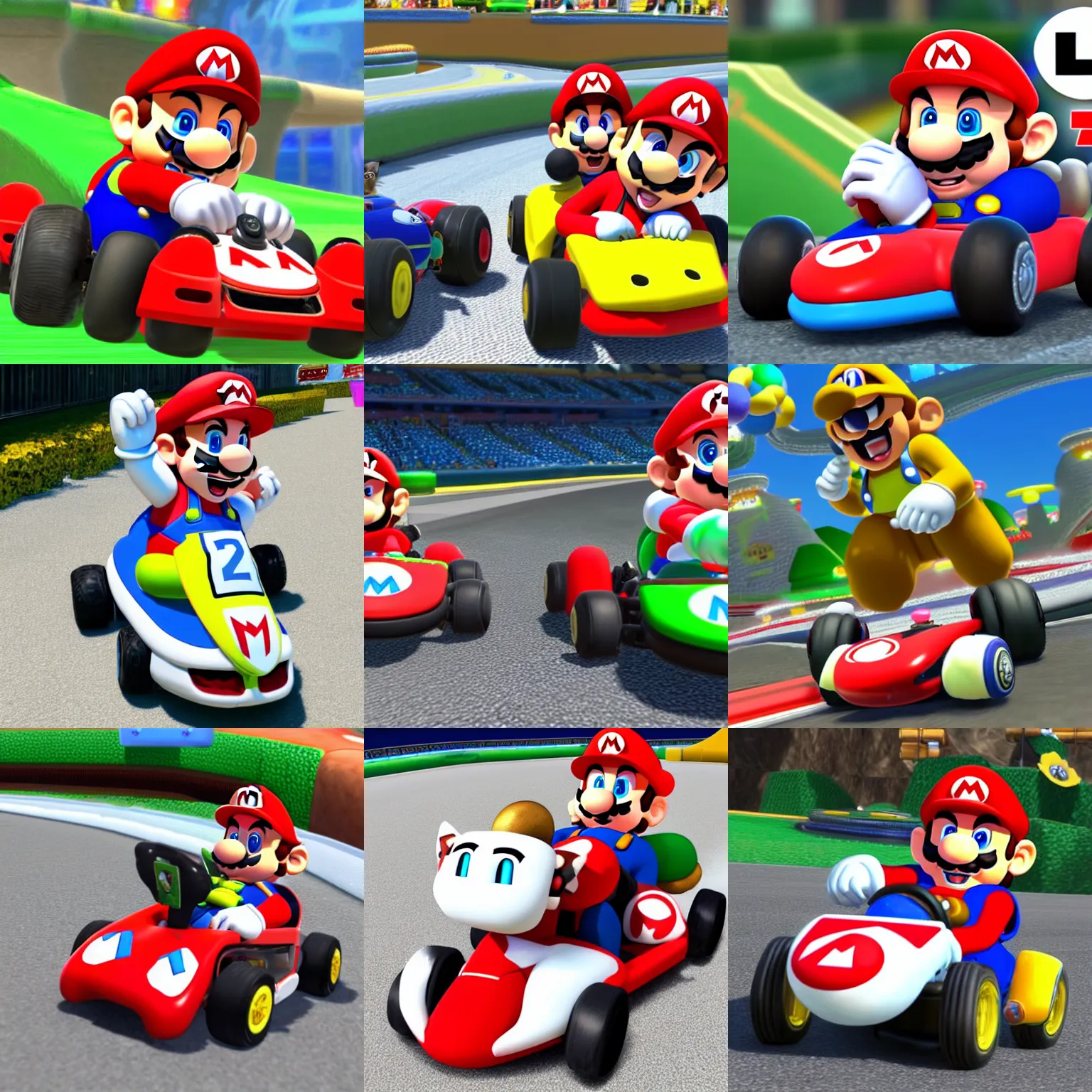 Prompt: Nintendo Mario Kart 8 Mario in a cat costume driving a kart along the track cat mario