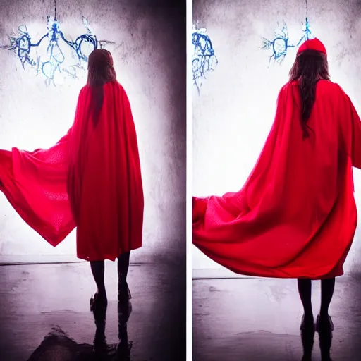 Image similar to photo of a beautiful magical witch woman wearing red robes, CANON Eos C300, 15mm, very detailed, beautiful atmospheric lighting, studio photography