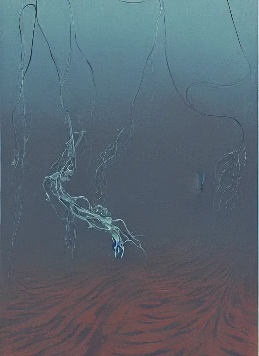 Prompt: tentacles reaching from underwater in transparent plastic bags, paper bags in hands and over the head, on flooded street Edward Hopper and James Gilleard, Zdzislaw Beksinski, highly detailed