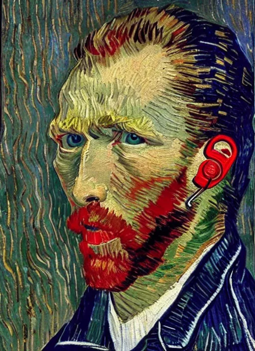 Image similar to lifelike oil painting self - portrait of van gogh wearing headphones