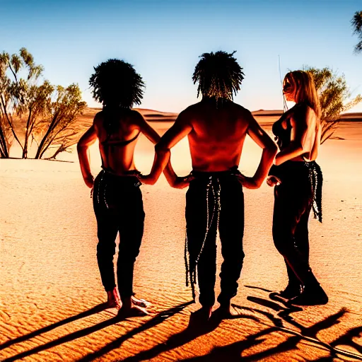 Prompt: portrait of three ravers photographed from behind, talking around a fire, photorealistic, dancefloor kismet, diverse costumes, clean composition, desert transition area, bonfire, night, australian desert, xf iq 4, symmetry, sony a 7 r, 1 5 0 mp, 5 0 mm