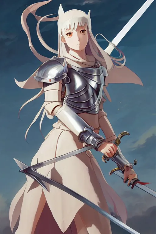 Image similar to a full body of the female knight with a cat on her head with gigantic sword, finely detailed features, closeup at the faces, perfect art, gapmoe yandere grimdark, trending on pixiv fanbox, painted by miura kentaro greg rutkowski makoto shinkai takashi takeuchi studio ghibli, akihiko yoshida