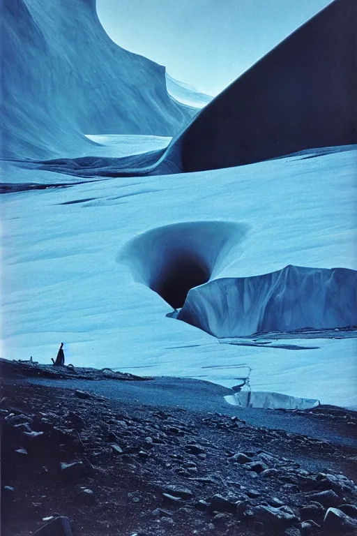 Image similar to emissary edge of a glacier in iceland by arthur haas and bruce pennington and john schoenherr, cinematic matte painting, zaha hadid building, photo realism, dark moody color palate, blue hour stars, desolate glacial landscape,