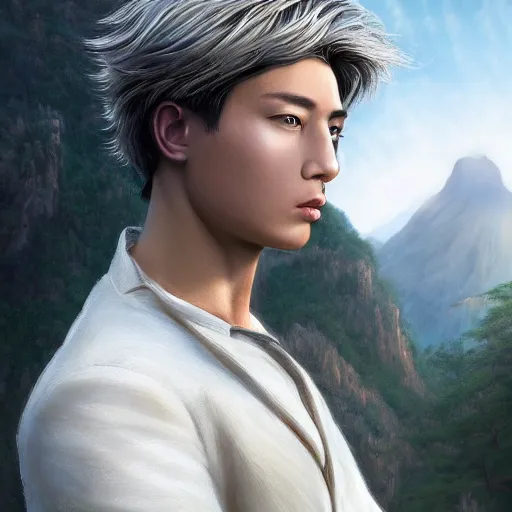 Image similar to a portrait of a young handsome prince, white fringy hair, epic beautiful landscape, backlit, incredible lighting, strong rim light, subsurface scattering, highly detailed, god rays, digital painting, HDRI, by Heise Jinyao, Heise-Lian Yan Fang, Feimo, Richard Taddei, vivid colors, high contrast, 8k resolution, intricate, photorealistic