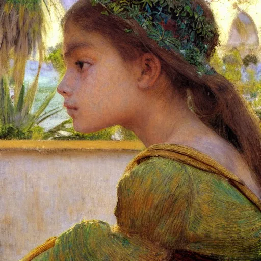 Image similar to a ultradetailed beautiful painting of a girl in the amazonas palace balustrade designed by jules bastien - lepage, hans belmer, frank weston and gustave baumann, beach, trending on artstation, mediterranean, palm trees, detailed face, sharp focus, soft light, 8 k 4 k