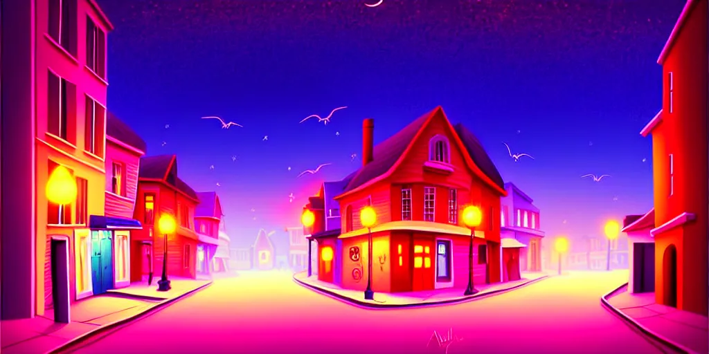 Image similar to curved perspective digital art of a summer night small town street pastel colors from nightmare before christmas by alena aenami