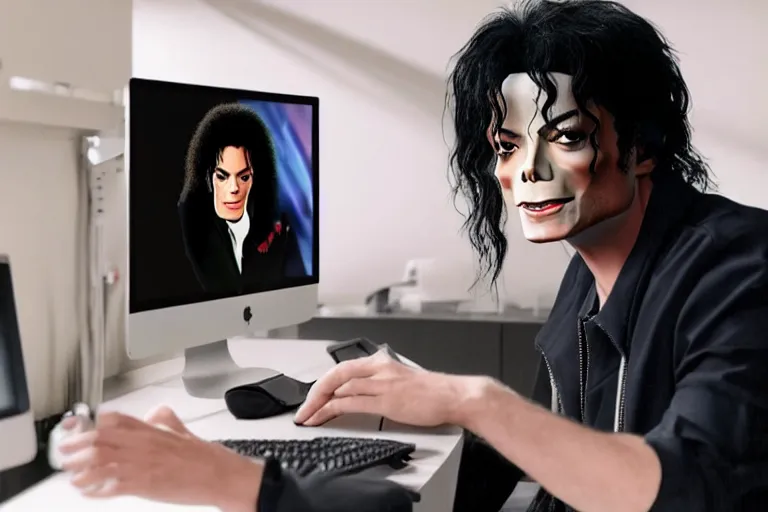 Prompt: Michael Jackson using discord on a computer ultra realistic, 4K, movie still, UHD, sharp, cinematic