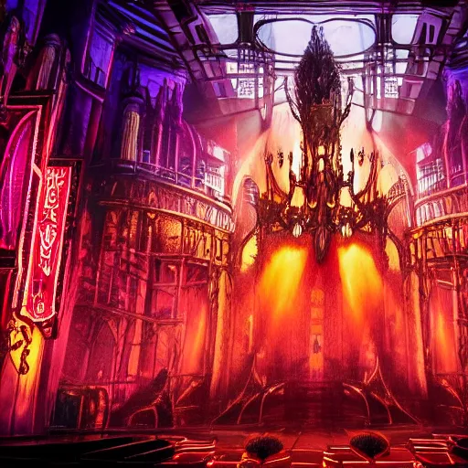 Image similar to photo, a highly - themed dramatic broadway musical set design with huge spectacle, dark and moody futuristic, a dark gothic psychedelic palace