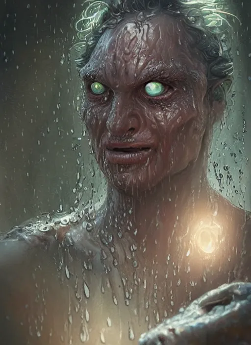 Image similar to digital painting of a wet smily monster in the rain, with translucent skin, veiny, long freaky finger, by filipe pagliuso and justin gerard, fantasy, highly detailed, realistic, intricate, glowing eyes