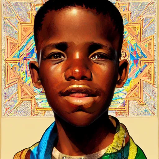 Prompt: colourful upper half caricature portrait of an african boy in magazine collage style, art by drew struzan & alphonse mucha, highly detailed, digital painting, ray tracing, concept art, illustration, smooth sharp focus, intricate, symmetry, artstation,