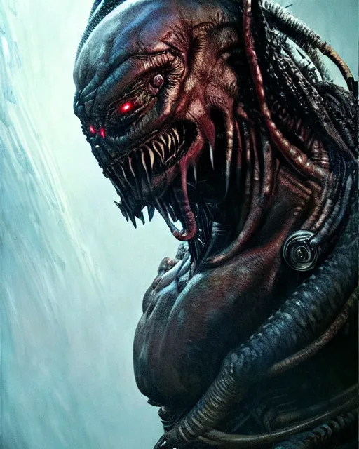 Prompt: a portrait of the predator fantasy character portrait, ultra realistic, cinematic, concept art, wide angle, intricate details, hologram, highly detailed by greg rutkowski, wayne barlowe, simon bisley, arthur rackham