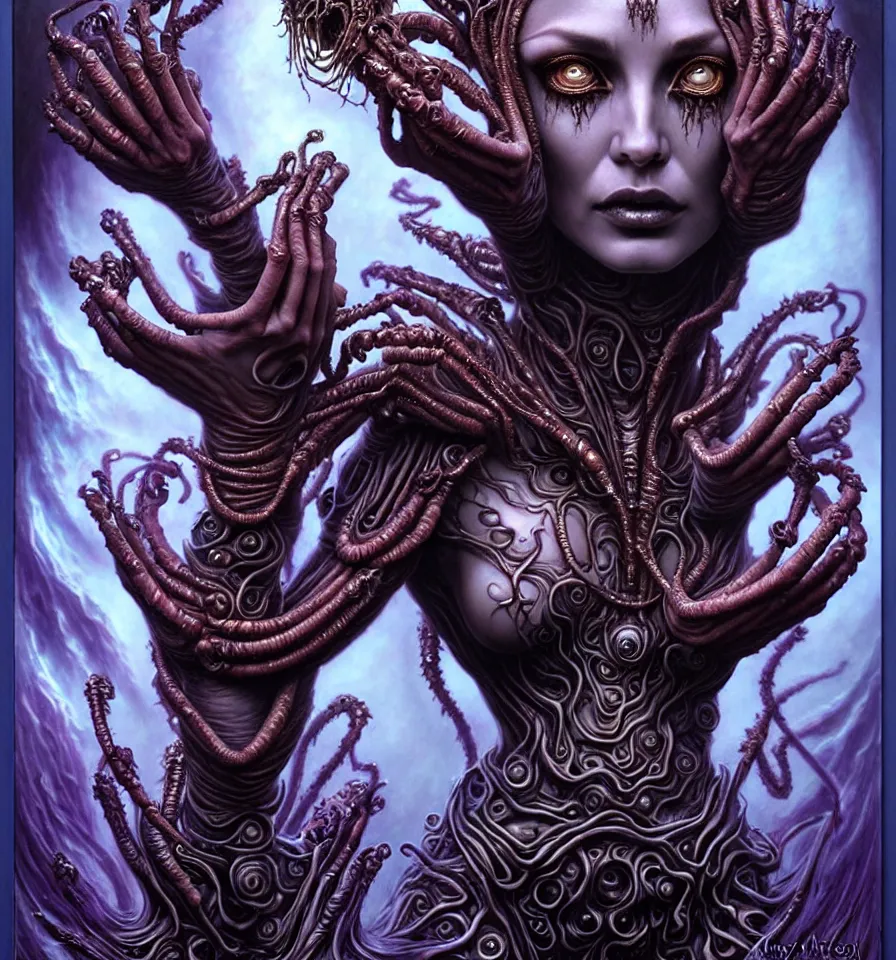 Image similar to A beautiful detailed alien goddess woman with 6 arms super dark tarot card, gorgeous model face by Stanley Artgerm, by tomasz alen kopera and Justin Gerard, 4 eyes, beautiful symmetrical features, ominous, magical realism, melting, texture, intricate, ornate, royally decorated, melting, whirling smoke, embers, purple adornments, blue torn fabric, radiant colors, fantasy, trending on artstation, volumetric lighting, micro details, 3d sculpture, ray tracing, 8k, anaglyph effect