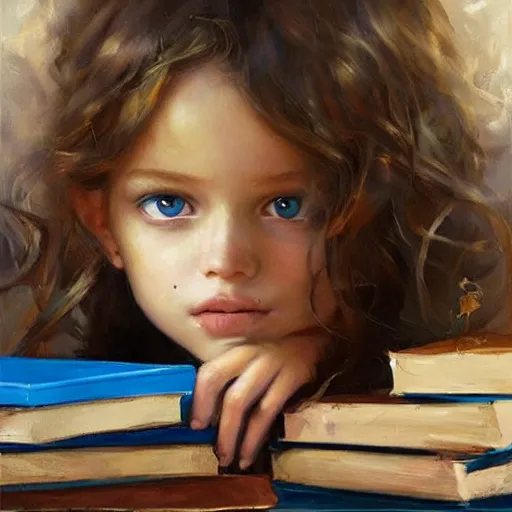 Image similar to a seven year old girl with short curly light brown hair and blue eyes sitting amidst tall piles of books. beautiful painting by raymond swanland and magali villanueve, beautiful detailed face.