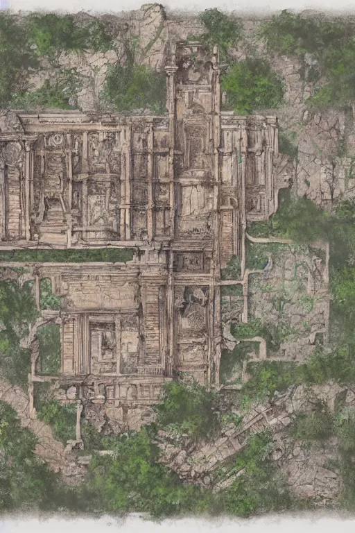 Image similar to full - color fantasy floor plan map of a ruined temple, by greg rutkowski and james gurney, trending on artstation