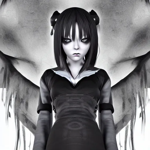 Image similar to photorealistic full shot portrait of angry darkness anime girl, inspired by Tim Burton, detailed, unreal engine 4k