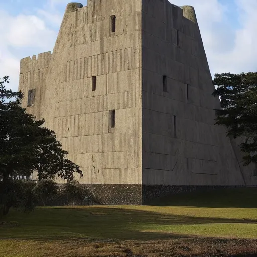 Image similar to a giant castle built in brutalist architecture, diverse unique building geometry full of shapes and corners, with a smaller base than the top of the tower, slowly growing in width as we get higher