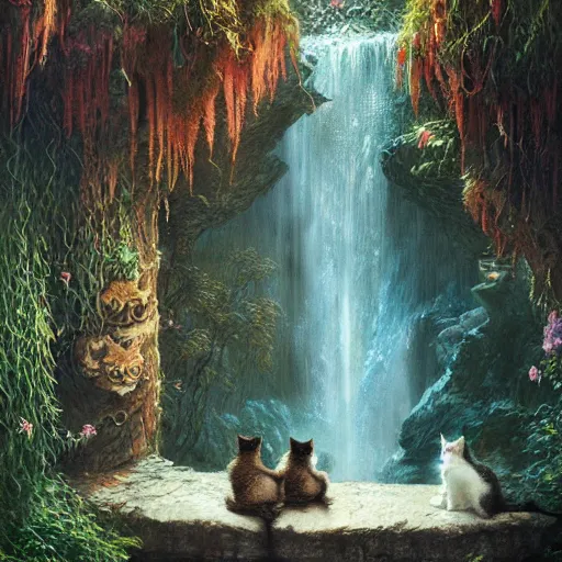 Prompt: two kittens watching the waterfall in the enchanted forest, fantasy, intricate, extremely detailed, face enhance, matte, artstation, art by louis wain, greg rutkowski