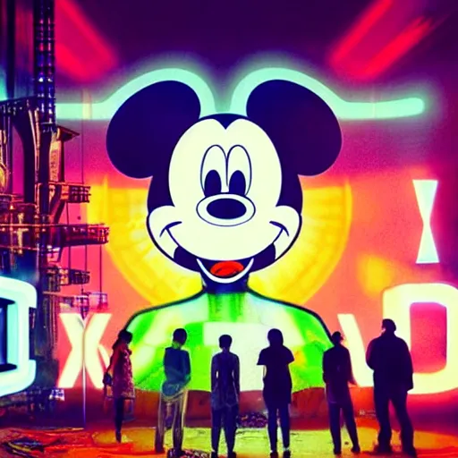 Image similar to a group of people standing around a giant one - eyed mickey mouse, cyberpunk art by david lachapelle, cgsociety, dystopian art by industrial light and magic, netflix neon logo concept art, neons, interior