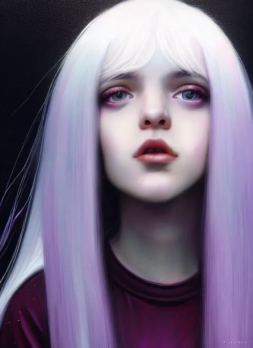 Image similar to hair whitebangs hair, black hair, whitebangs, portrait of teenage girl with white bangs, red irises, purple clothes, white bangs, bangs are different color from hair, intricate, elegant, glowing lights, highly detailed, digital painting, artstation, concept art, smooth, sharp focus, illustration, art by wlop, mars ravelo and greg rutkowski