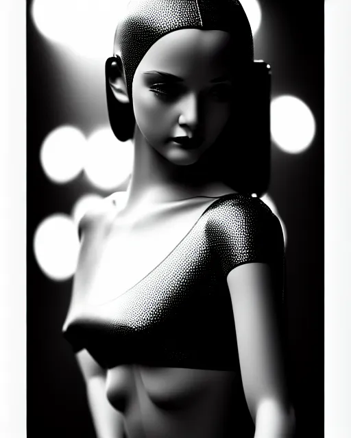 Image similar to black and white dreamy young beautiful female artificial intelligence, metropolis, cinematic, rim light, bokeh, photo - realistic, elegant, high detail, 8 k, masterpiece, photo taken in 1 9 3 0