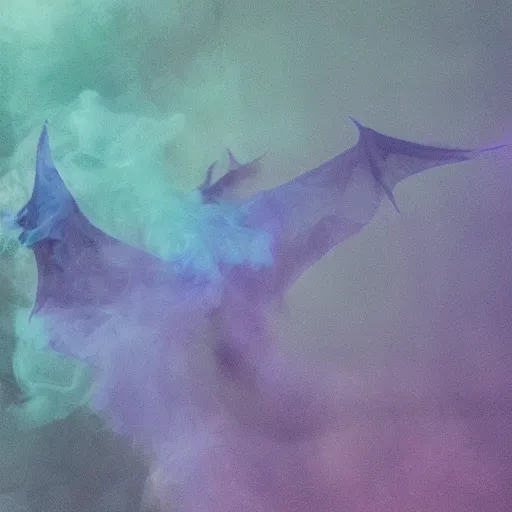 Prompt: dimly lit smoke, muted multi-color lapis rebeca-purple medium-sea-green, muted neon smoke, fog, smoke with vague feathered outline of fierce flying dragons with large outstretched wings, bokeh