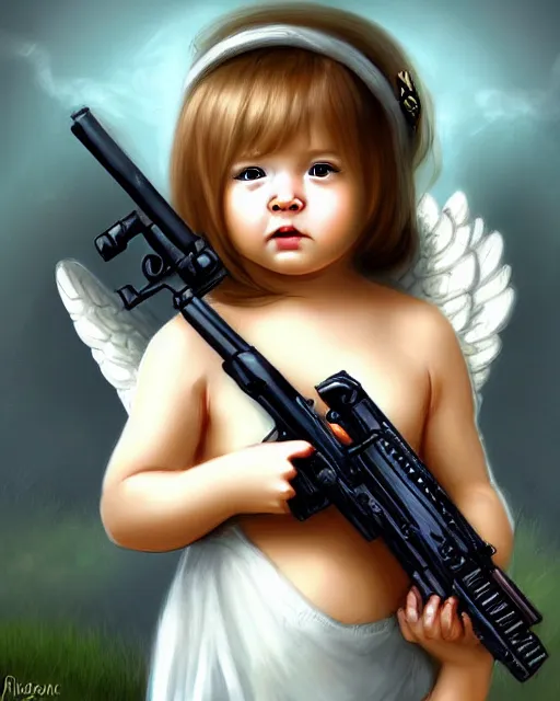 Prompt: fantasy art of a baby angel with m 4 a 1, cute face