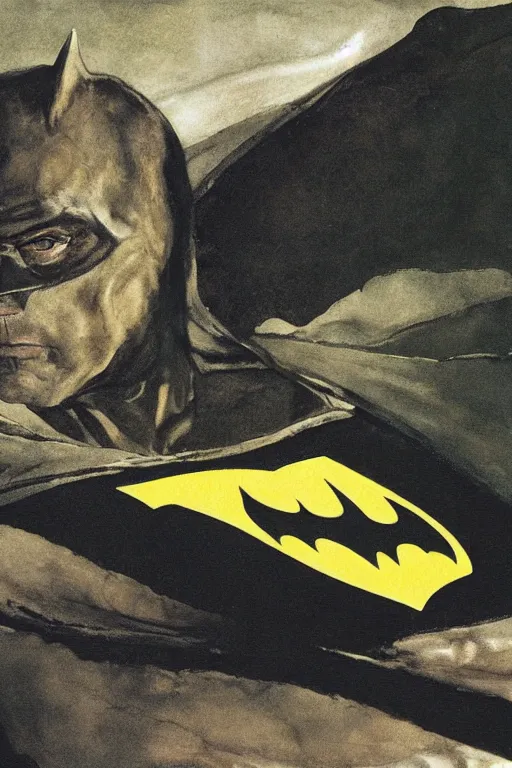 Image similar to Andrew Wyeth artwork, Batman in the batcave