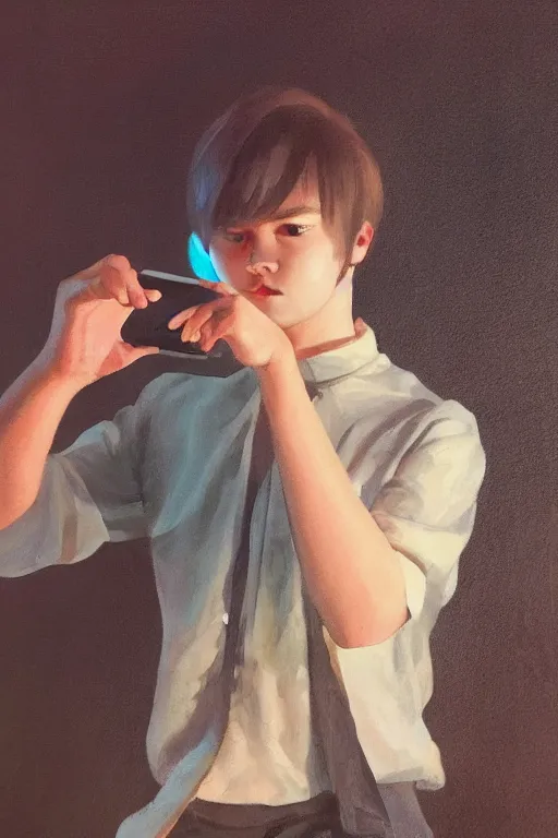 Image similar to realistic detailed full body picture of a sad finnish boy dancing in a south korean night club with a phone in hand, short brown hair, big eyes, masculine jawline, colorful, oil painting, cinematic lighting