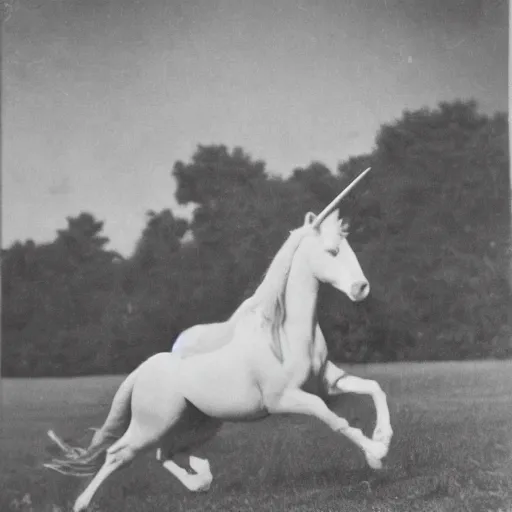 Prompt: Unicorn sighting. 1940s photograph.
