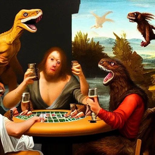 Prompt: velociraptors playing poker and drinking beer, in the style of a renaissance painting