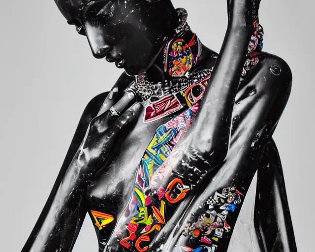 Image similar to extremely beautiful black marble statue with colorful japanese motorcycle logos in the style of fashion designer virgil abloh, sharp focus, clear, detailed,, cinematic, detailed, off white, glamourous, symmetrical, vogue, editorial, fashion, magazine shoot, glossy