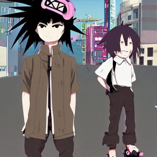 Image similar to japanese goth boy, anime boy, black hair, upturned collar, absurd spiky hair, rollerblading, rollerskates, cel - shading, 2 0 0 1 anime, flcl, jet set radio future, golden hour, japanese town, concentrated buildings, japanese neighborhood, construction site, cel - shaded, strong shadows, vivid hues, y 2 k aesthetic