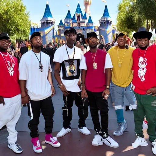 Prompt: a group of rappers, at disneyland, group photo