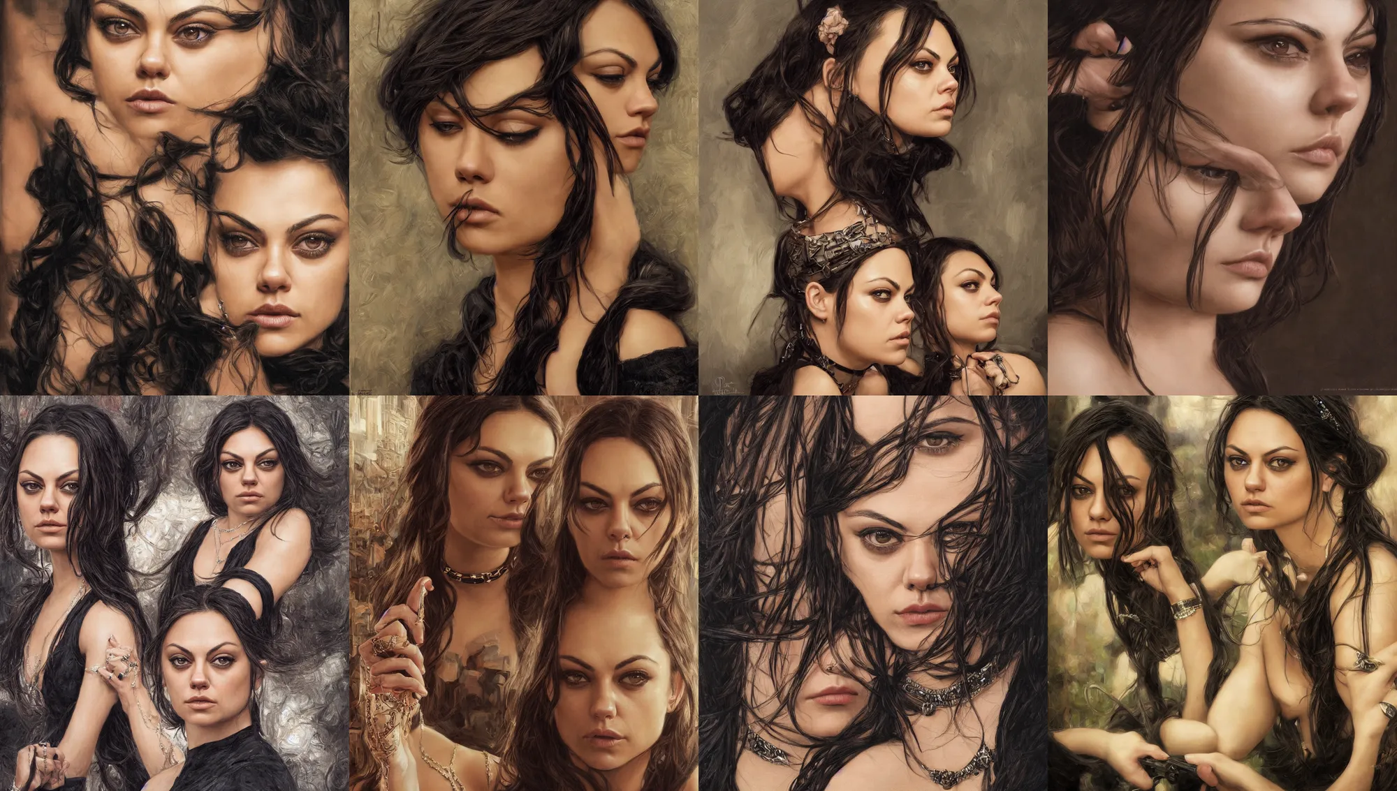 Prompt: epic portrait of mila kunis wearing black choker staring into the camera, point of view, expensive restaurant, intricate, elegance, highly detailed, shallow depth of field, artgerm, donato giancola, joseph christian leyendecker