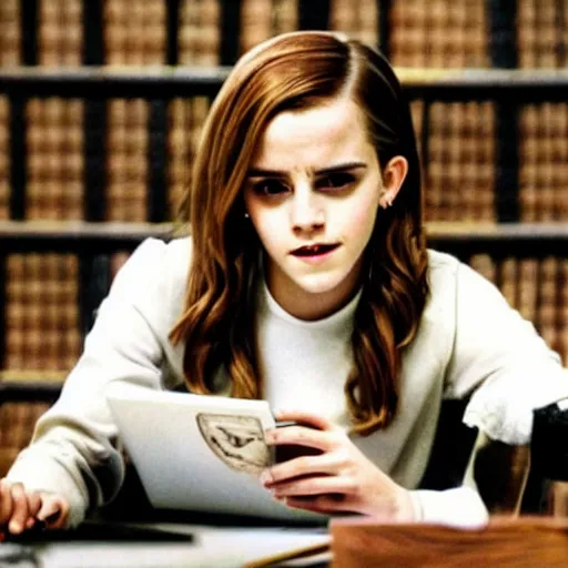 Prompt: Photo of Emma Watson using a computer in Hogwarts