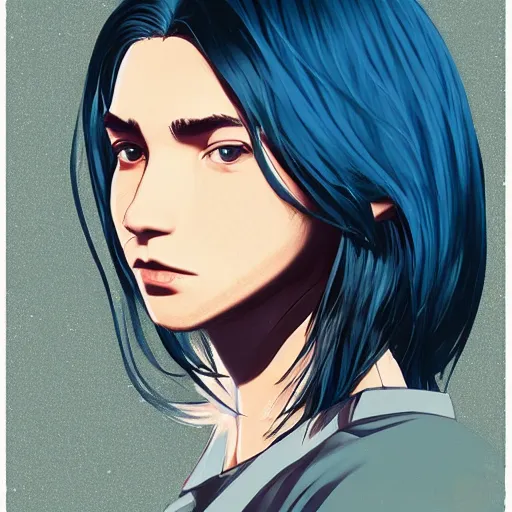 Prompt: side profile of ilya kuvshinov with long hair, sky blue hair, hazel eyes, boyish face, professional digital painting, concept art, award - winning photography, cinematic, stained glass window, awe, regal, wlop, art by andy warhol, pixiv art, yoshitaka amano