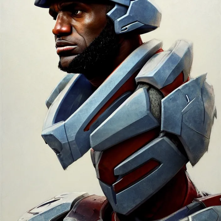 Prompt: LeBron James wearing Forerunner armor from Halo, countryside, calm, fantasy character portrait, dynamic pose, above view, sunny day, thunder clouds in the sky, artwork by Jeremy Lipkin and Giuseppe Dangelico Pino and Michael Garmash and Rob Rey and Greg Manchess and Huang Guangjian, very coherent asymmetrical artwork, sharp edges, perfect face, simple form, 100mm