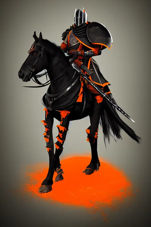 Image similar to a digital photograph of an african american knight in heavy black parmor with orange trim, wearing a black elegant cape flowing in the wind, the knight holds a black sword in one hand, the knight is riding a black horse with mechanized armor who is gallaping, extremely detailed, unreal engine, concept art, 8 k