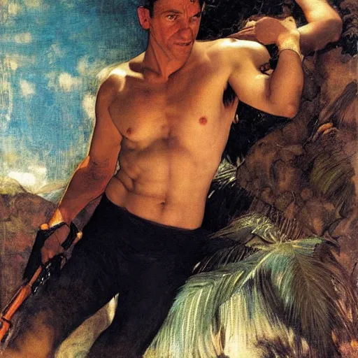 Image similar to james bond as the cover model of a synthwave romance novel, cheeky grin, by edgar maxence and caravaggio and michael whelan and delacroix