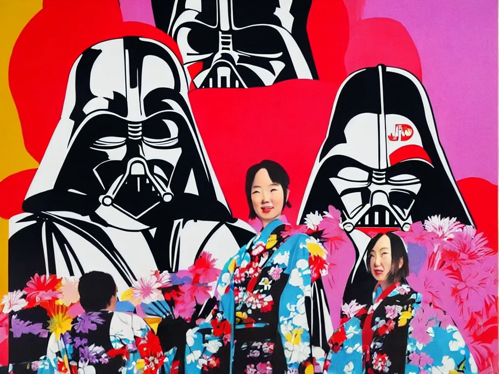 Image similar to hyperrealistic composition, in the middle the woman in a japanese kimono, behind her stands the darth vader, in front of her a table from the casino, in the background is ( ( mount fuji ) ) and fireworks, pop - art style, jacky tsai style, andy warhol style, acrylic on canvas