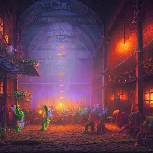 Prompt: warehouse rave by evgeny lushpin, thomas kinkade, igor zenin, gilbert williams, bruce pennington, paul lehr, martin johnson heade, andreas franke, patrick woodroffe, michael whelan, josephine wall, todd schorr, dan mumford, raphael lacoste, tim hildebrandt