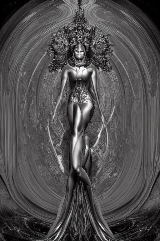 Image similar to a realistic dark photo of a beautiful ancient alien woman goddess nataraja kate moss standing in iris van herpen dress jewelery and fractals in style of alphonse mucha art nuvo dmt trending on artstation made in unreal engine 4