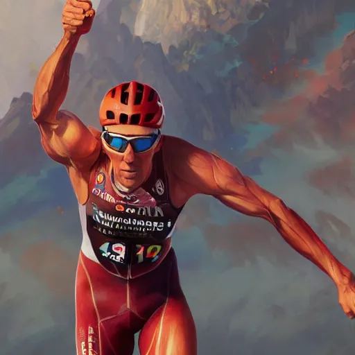 Image similar to a triathlete finishing ironman race, tired!!, dynamic action pose, intricate, highly detailed, digital painting, artstation, concept art, smooth, sharp focus, illustration, unreal engine 5, 8 k, art by artgerm and greg rutkowski and alphonse mucha