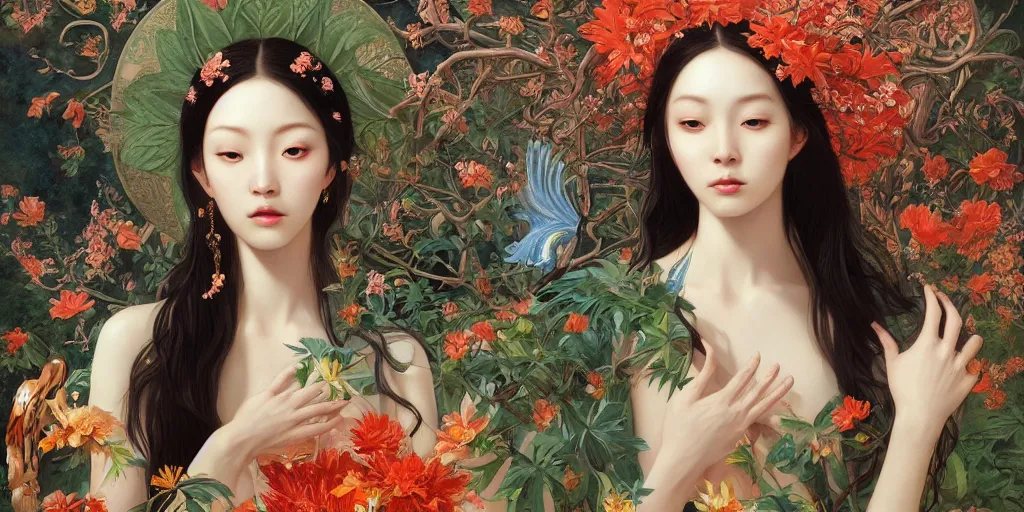 Image similar to breathtaking detailed concept art painting of the goddess of exotic bird, orthodox saint, with anxious, piercing eyes, ornate background, amalgamation of leaves and flowers, by hsiao - ron cheng and john james audubon and miho hirano, extremely moody lighting, 8 k