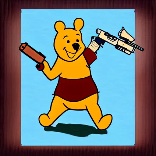 Image similar to animated 2 d styled portrait of whinnie the pooh with a gun