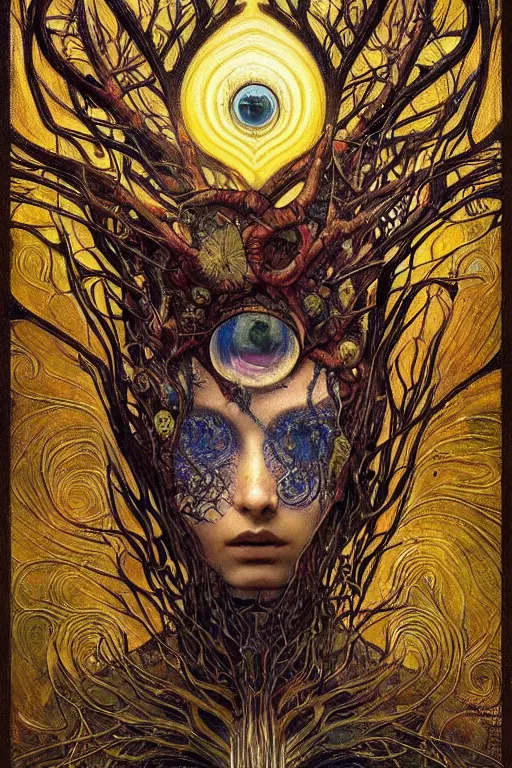 Image similar to Heart of Thorns by Karol Bak, Jean Deville, Gustav Klimt, and Vincent Van Gogh, otherworldly, fractal structures, arcane, prophecy, ornate gilded medieval icon, third eye, spirals