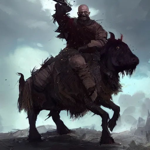 Image similar to Walter white as a dark fantasy warrior riding an armored yak, made by Greg Rutkowski