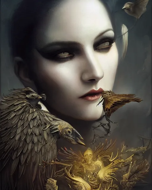 Image similar to goddess of crows, unusual beauty, emotionally evoking symbolic metaphors, head in focus, fantasy, ornamental, intricate, elegant, sensual, highly detailed digital painting, artstation, concept art, painterly, golden ratio, sharp focus, illustration, art by John Collier and Krenz Cushart and Artem Demura and and Greg Rutkowski and Alphonse Mucha and Albert Aublet