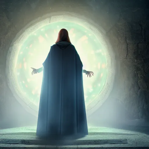 Image similar to a wizard in a cloak standing in front of a portal to wisdom, tall door, high ceiling, magic light, light beam, cinematic atmosphere, high definition, ultra detailed